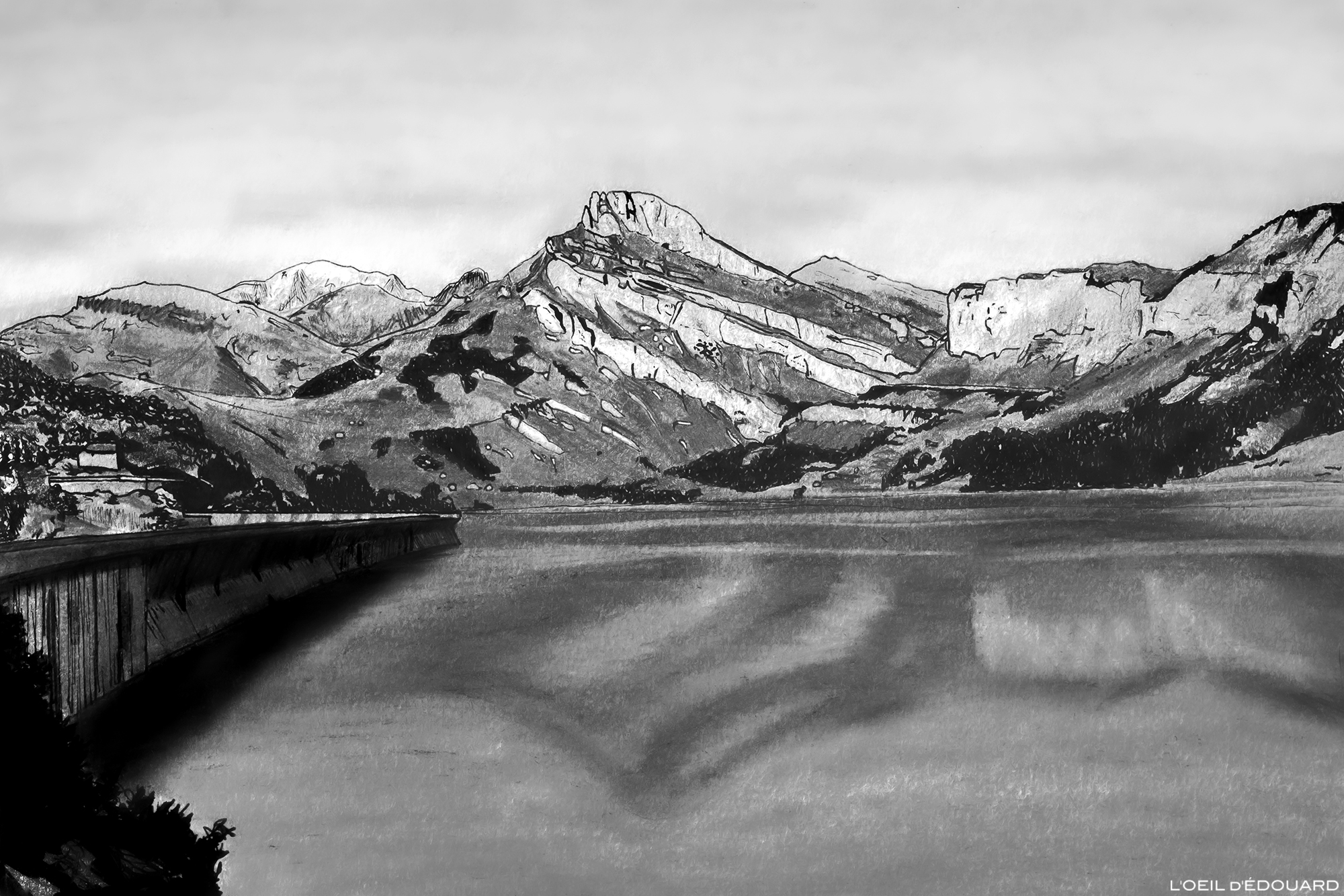 Dessin - Lac de Roselend et Roc du Vent, Massif du Beaufortain, Savoie, Paysage Montagne Alpes / Mountain Landscape Drawing © L\\\'Oeil d\\\'Édouard - Tous droits réservés
